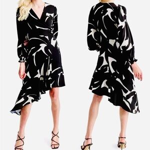 DKNY Black Eggshell Printed Long Sleeve Surplice Ruffle Asymmetric Dress 4 NWT
